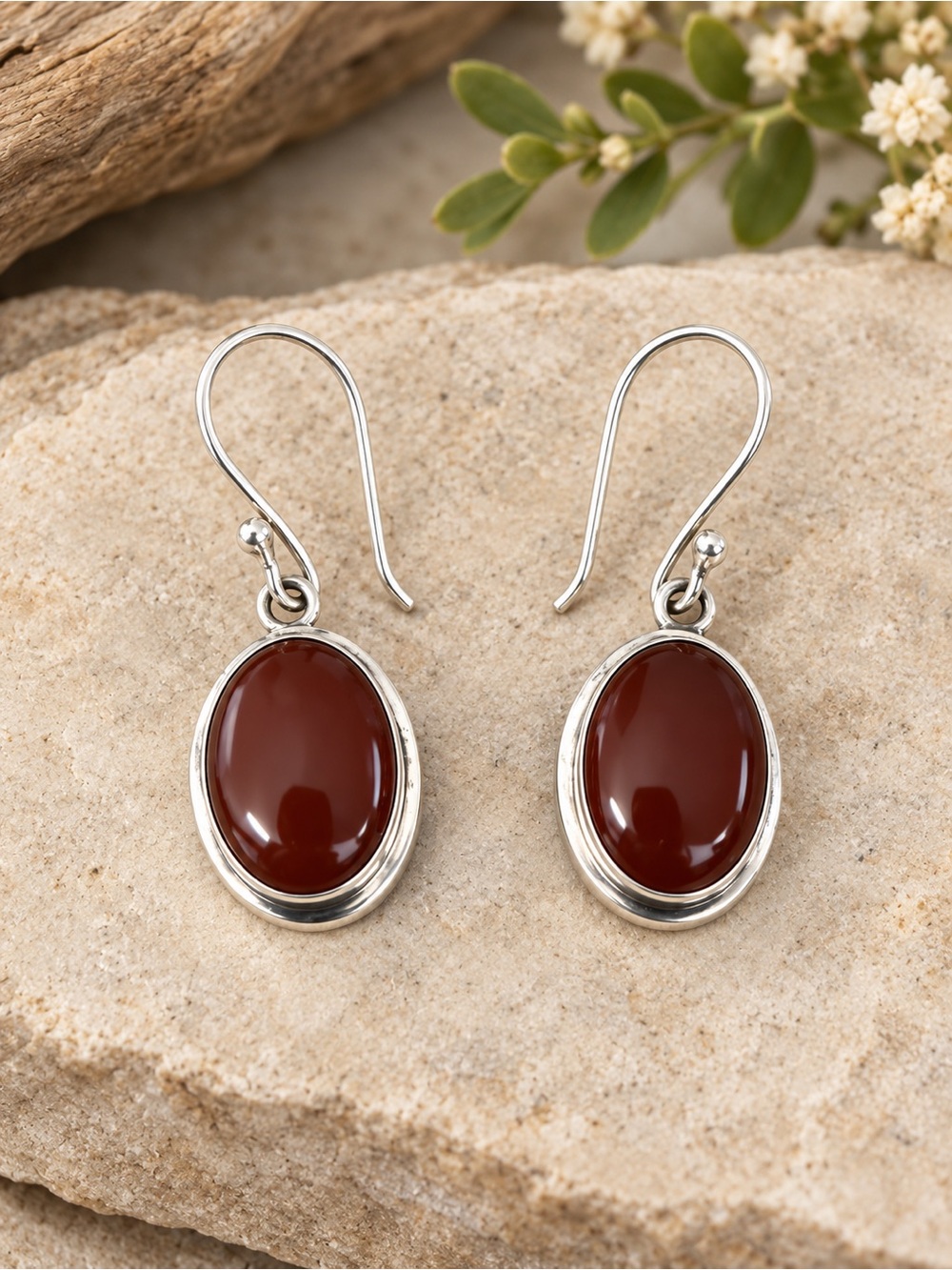 Estate Sterling Silver Cabochon Garnet Earrings Dangle